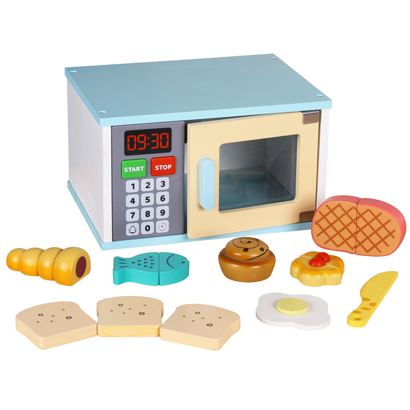 Children's Wooden Simulation Kitchen Food Toys Play Suit Microwave Oven Coffee Maker Bread Maker Juicer Packaged Box Ages 5-7
