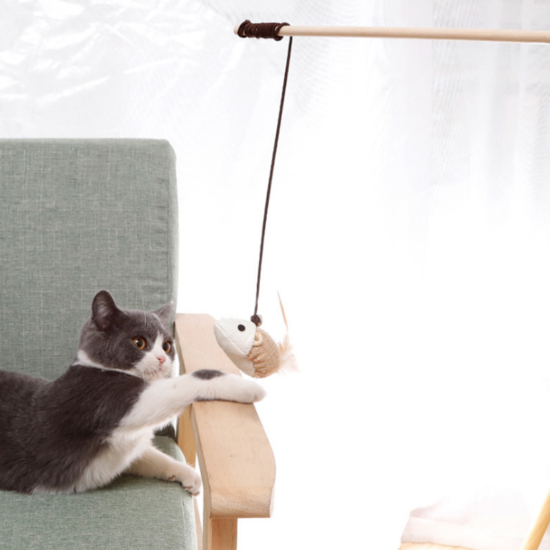 Interactive Eco-Friendly Durable Wood Cat Toy Feather Bell Playing Rod Teaser Linen Wooden Pole Teeth Cleaning Feature