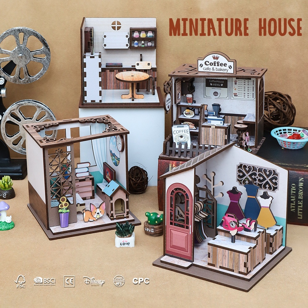 Cross-border New Diy Cabin Coffee House 3D Wooden Assembled Doll House Original Handmade Miniature House 12x12x4cm for Ages 14+