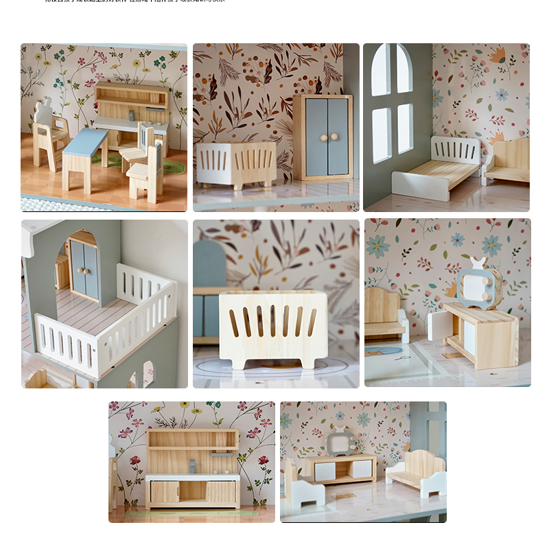 Children's Wooden Nordic-style Realistic Lighting Three-story Villa Pretend-play Princess Dollhouse Set of Toys