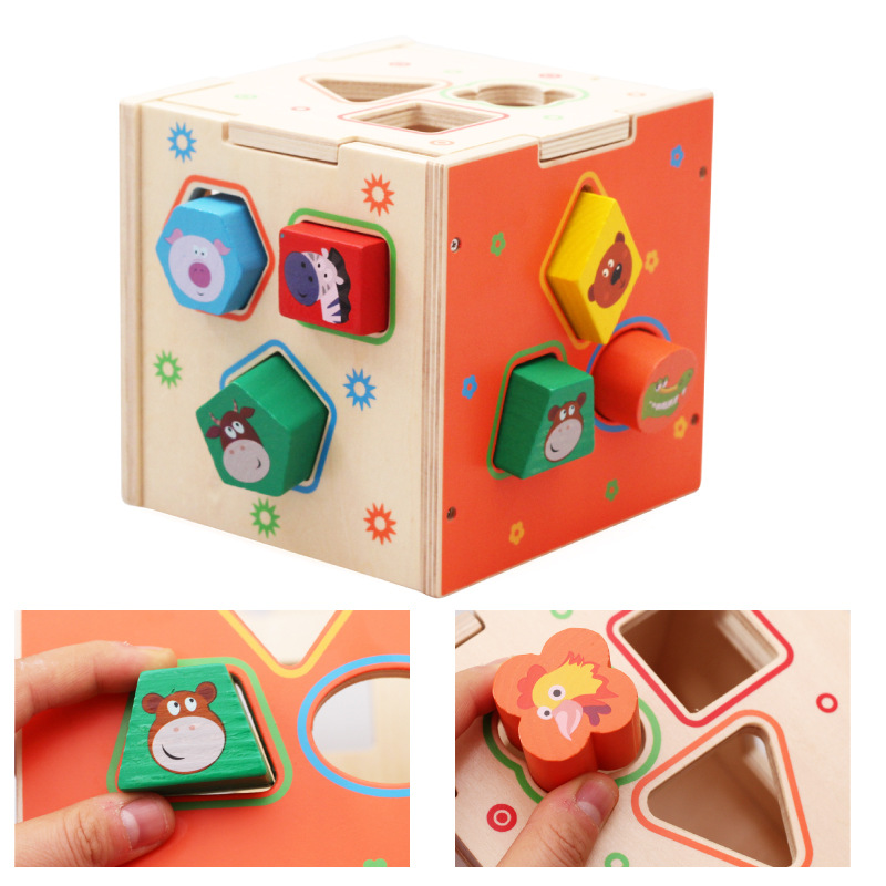 Children's Educational Wooden Block Set with Geometric Shapes and Cartoon Figures Eco-friendly Material Box Included