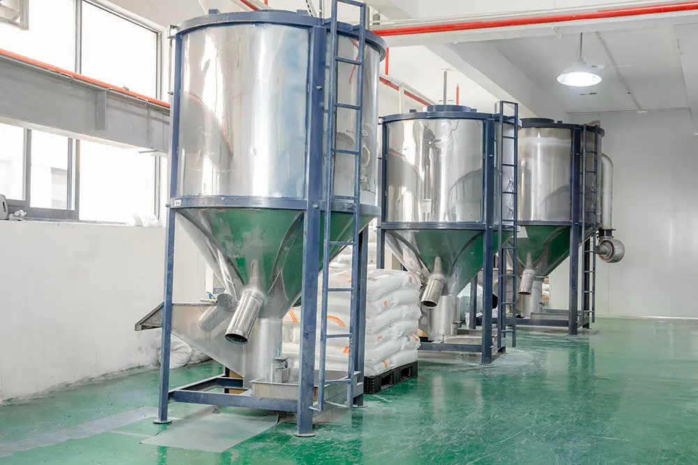 Step 1: Raw material mixing — color powder and base materials blended in industrial mixer