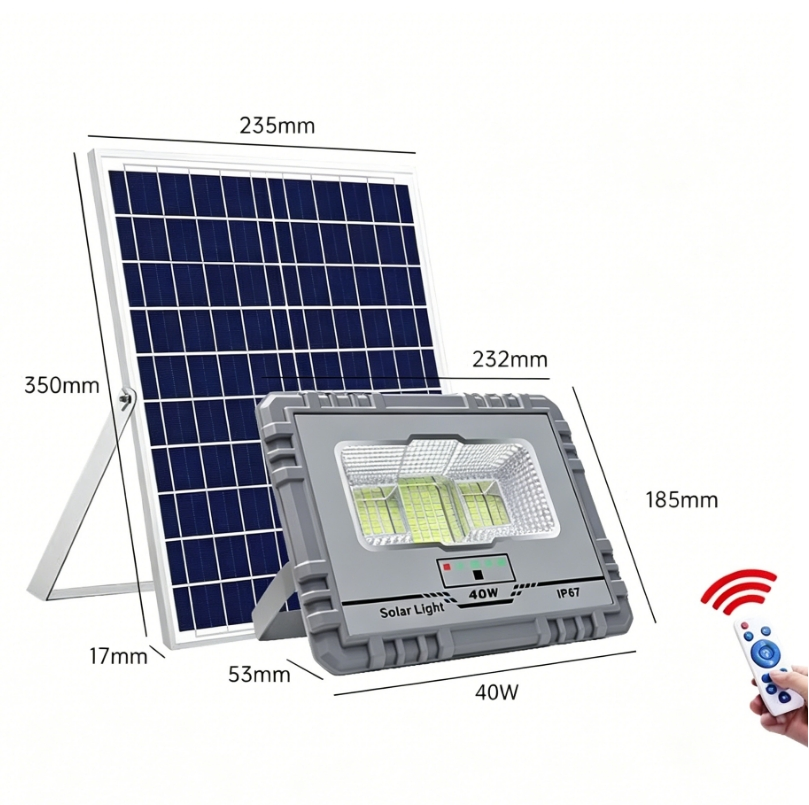 40W Outdoor Security Split Solar Flood Light Die-Cast Aluminum Housing Independent Solar Panel Adjustable Angle Lamp for Garden Patio Backyard Lighting