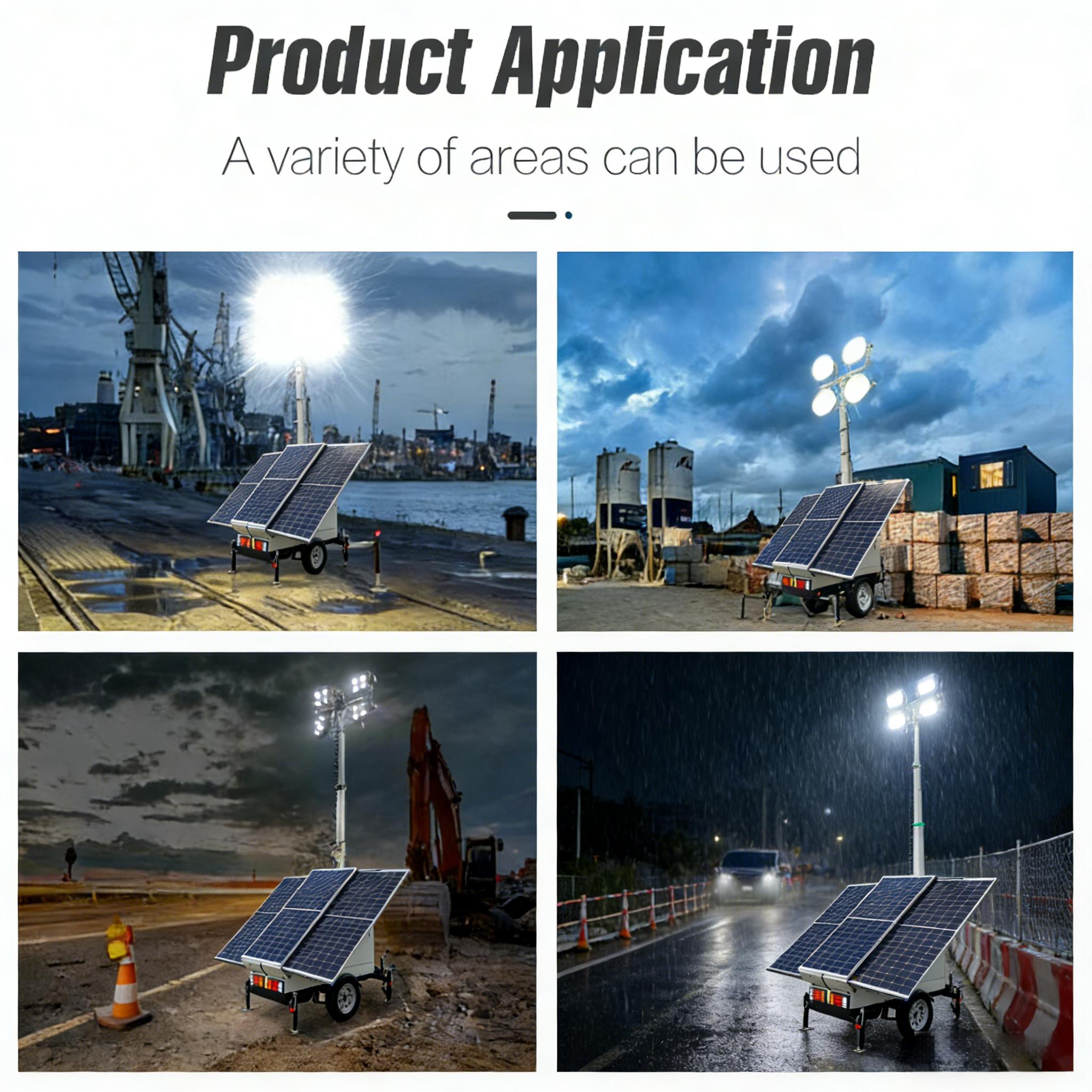 Mobile Diesel Solar LED Light Tower 4x200W Remote Control 8h Endurance Time AC Load Support Run Drills Lights Simultaneously