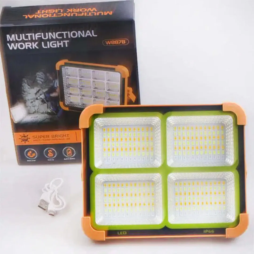 IP65 High Power Solar Rechargeable LED Floodlight for Mechanic Camping Fishing Car Repair Plastic Lamp Body Type-C Charging Solar Panel Power Emergency Light