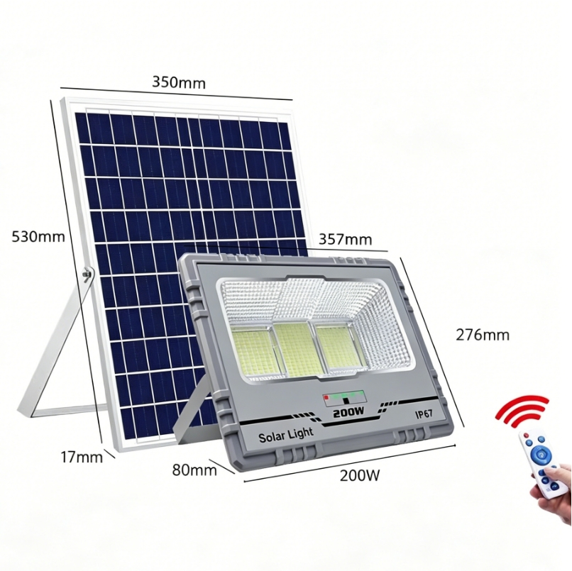 200W Outdoor Security Split Solar Flood Light Die-Cast Aluminum Housing Independent Solar Panel Adjustable Angle Lamp for Garden Patio Backyard Lighting