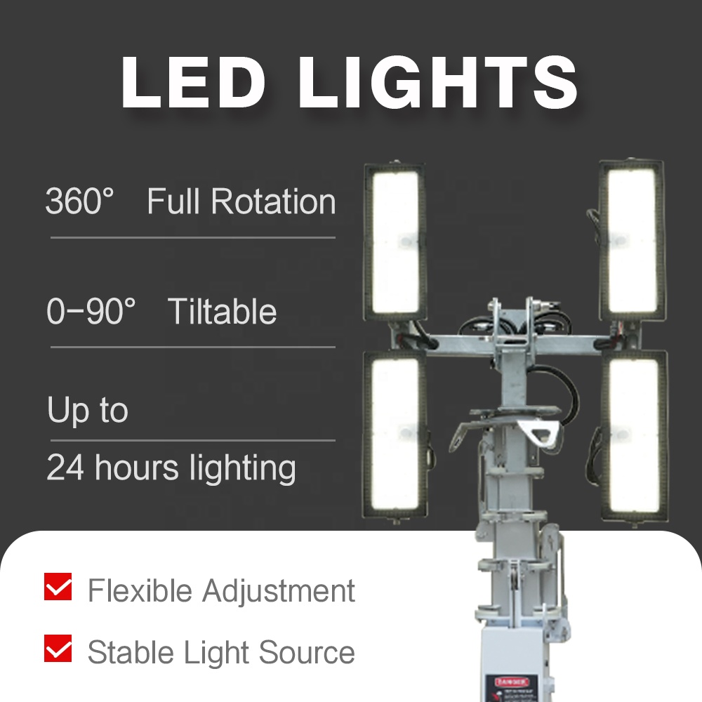 Portable Light Tower 4*100W LED Flood Lights Mobile Solar Light Trailer IP65 Rating 350 Beam Angle for Parking Lot Security