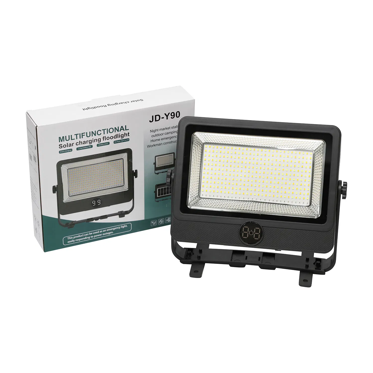Jd-Y90 Emergency Torch Lamp LED Rechargeable Floodlight 70W 90W with Solar Panel for Camping Night Market