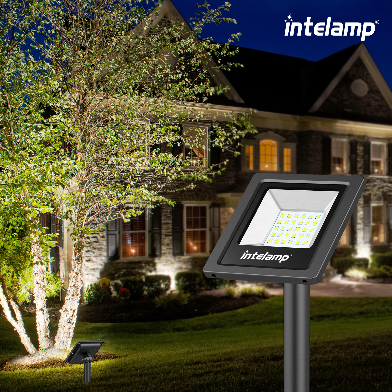 Intelamp Solar Powered Landscape Stake Flood Light LED Waterproof Garden Wall Lamp Outdoor Lights Solar Spotlights