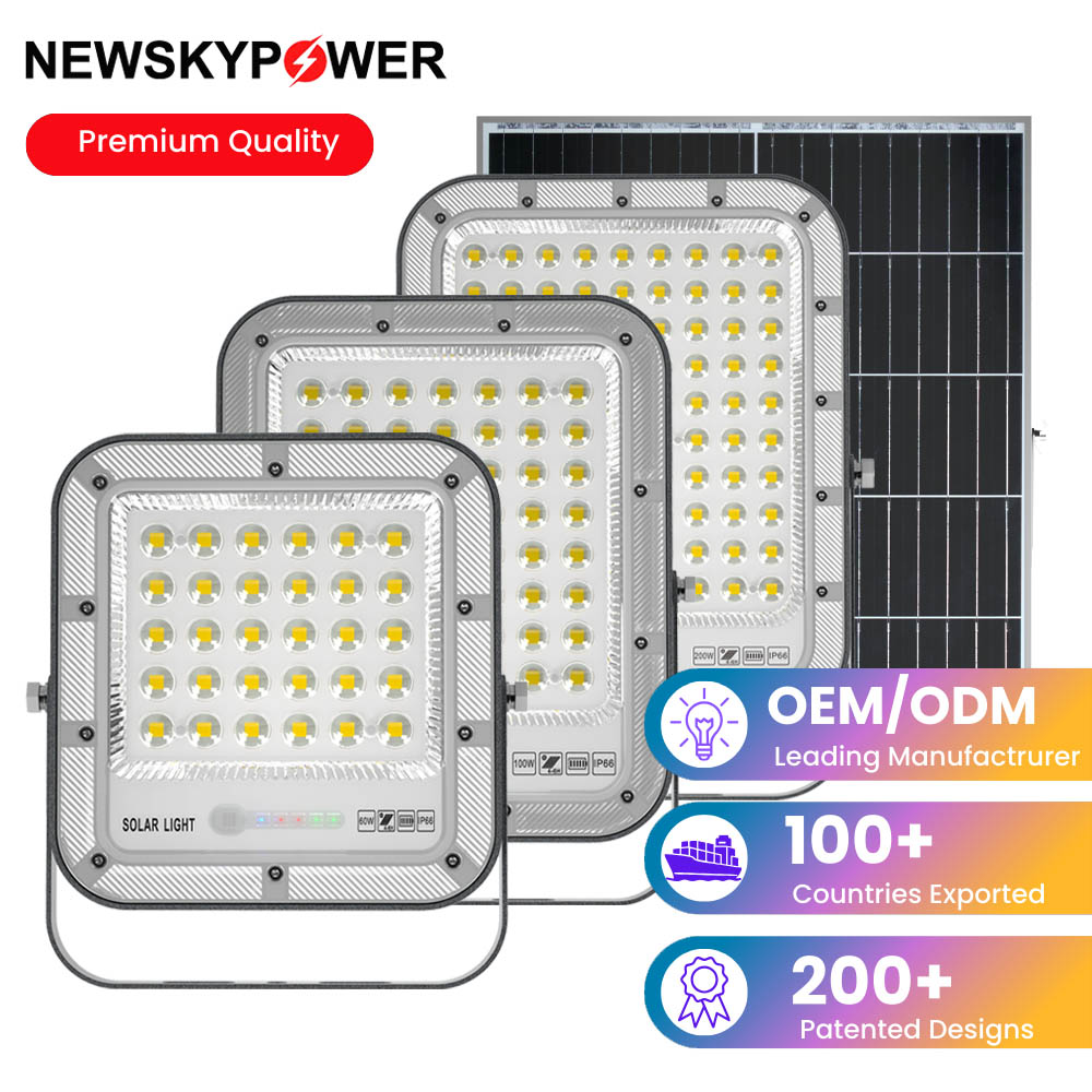 Outdoor Lighting Aluminum IP66 200W Security Solar Flood Lights with MONO Solar Panel for Football Field Stadium Shop Road