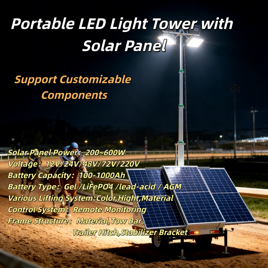 Mobile Diesel Solar LED Light Tower 4x200W Remote Control 8h Endurance Time AC Load Support Run Drills Lights Simultaneously