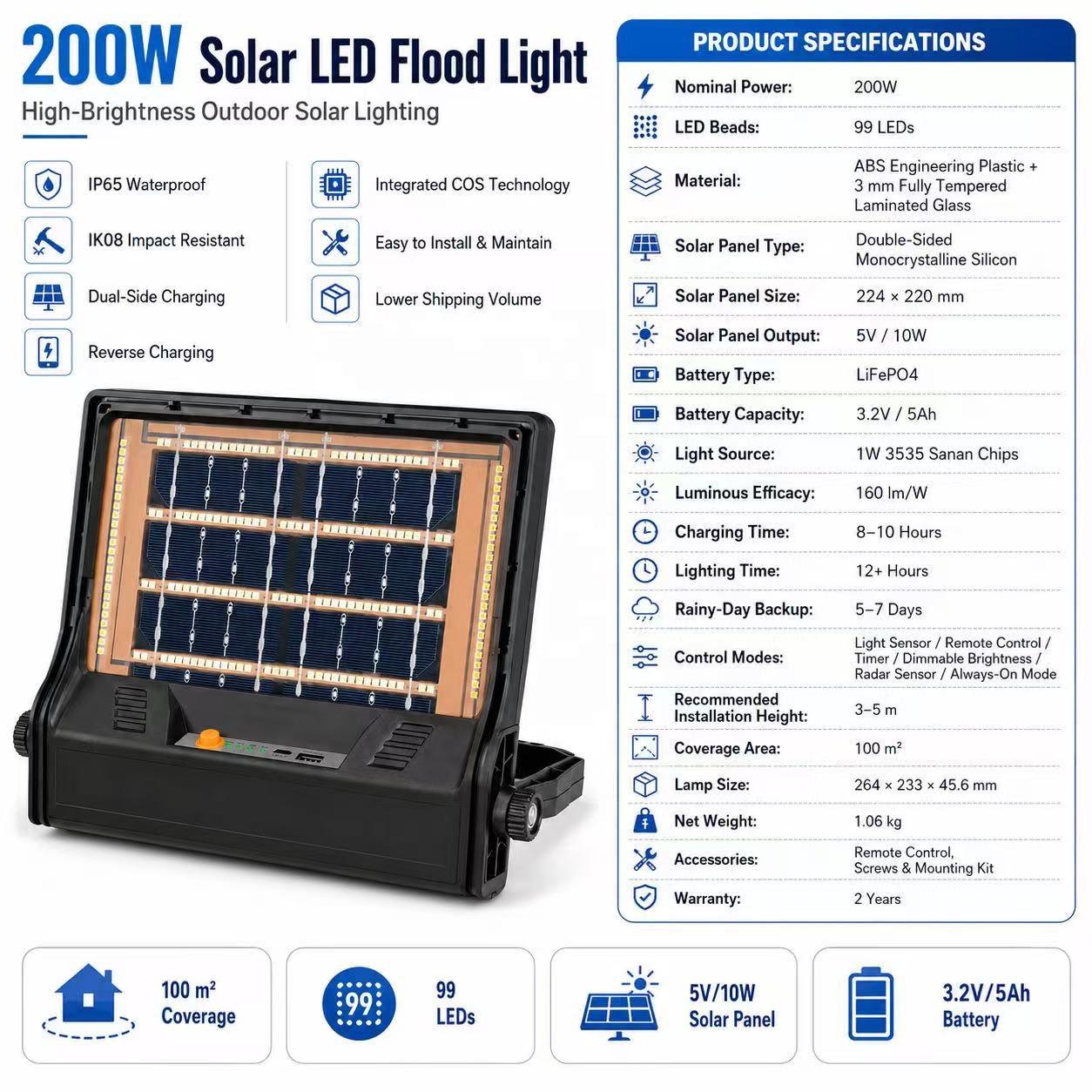 Factory Wholesale Portable Work Light Durable Rechargeable IP65 200W Solar Charging ABS Materials Emergency Flood Light