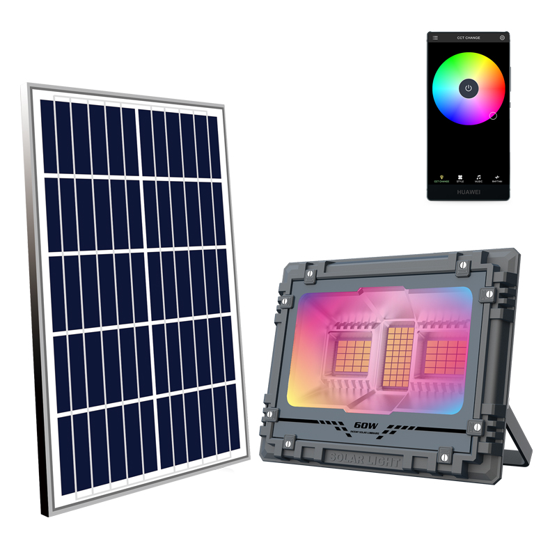 Outdoor RGB 60W-800W LED Solar Flood Lights with Remote Control IP67 Rated for Courtyard Garden &amp; Hotel