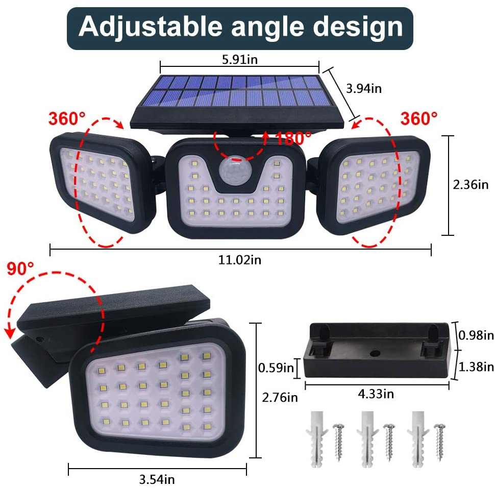 Solar Motion Sensor LED Flood Light 3-Head Waterproof Outdoor Security Lamp