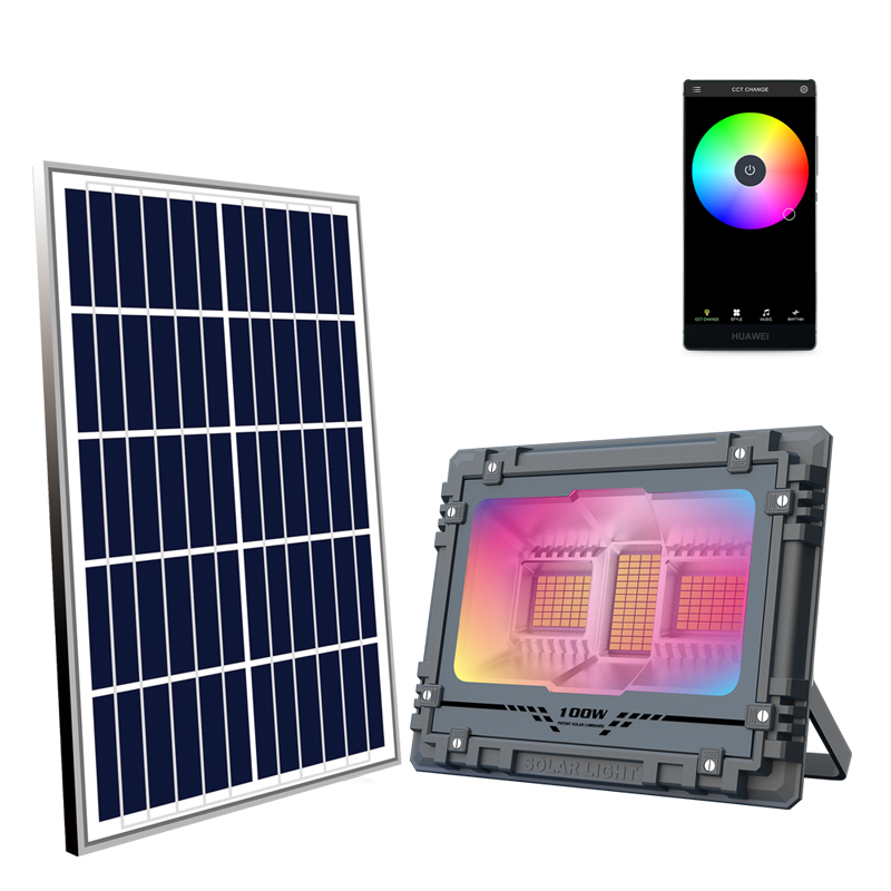 Outdoor RGB 60W-800W LED Solar Flood Lights with Remote Control IP67 Rated for Courtyard Garden &amp; Hotel
