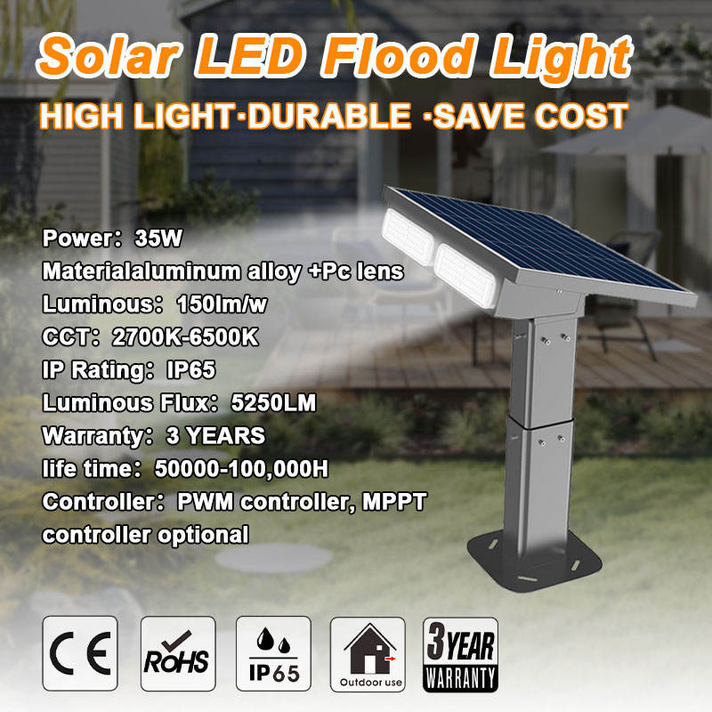Outdoor Garden Floodlight Waterproof IP65 35W Dusk to Dawn Rechargeable Solar Flood Light with Battery