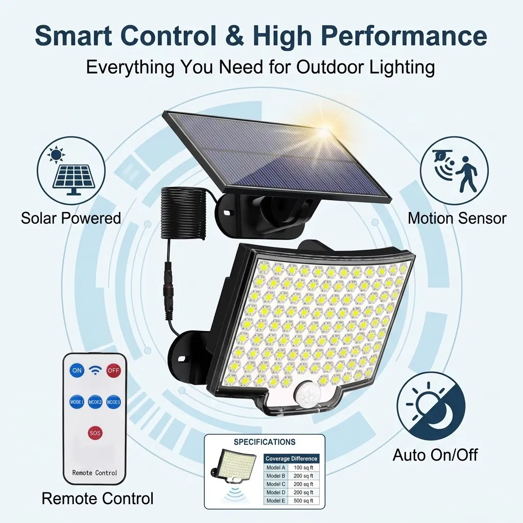 Solar Powered Motion Sensor Security Flood Light, Ultra Wide Angle with