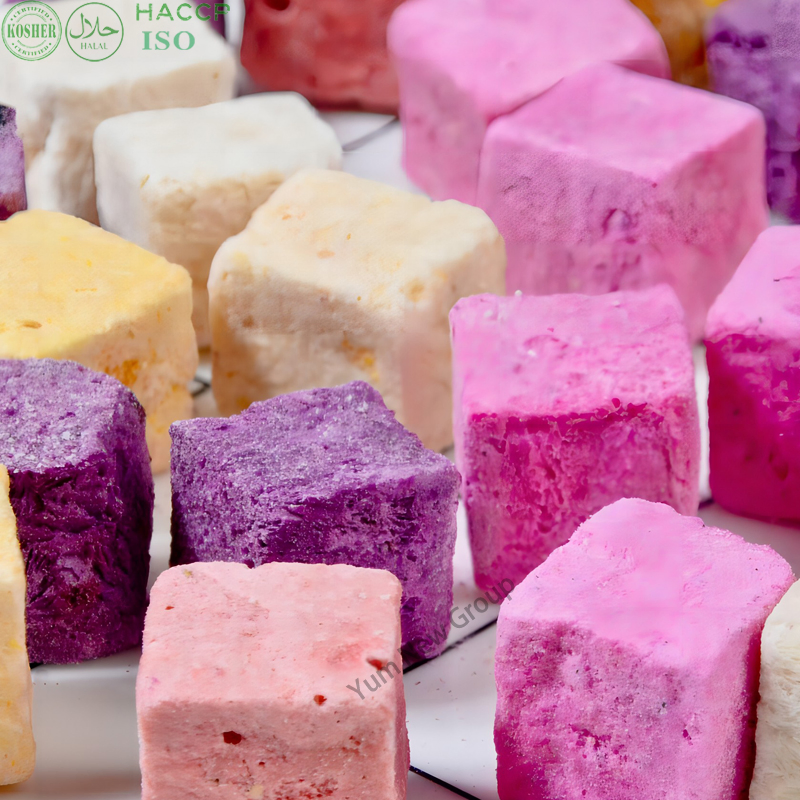 100g 500g 1kg كتل زبادي مجفف بالتجميد خوخ أصفر توت أزرق فراولة مكعبات زبادي مجفف بالتجميد زبادي مجفف بالتجميد
