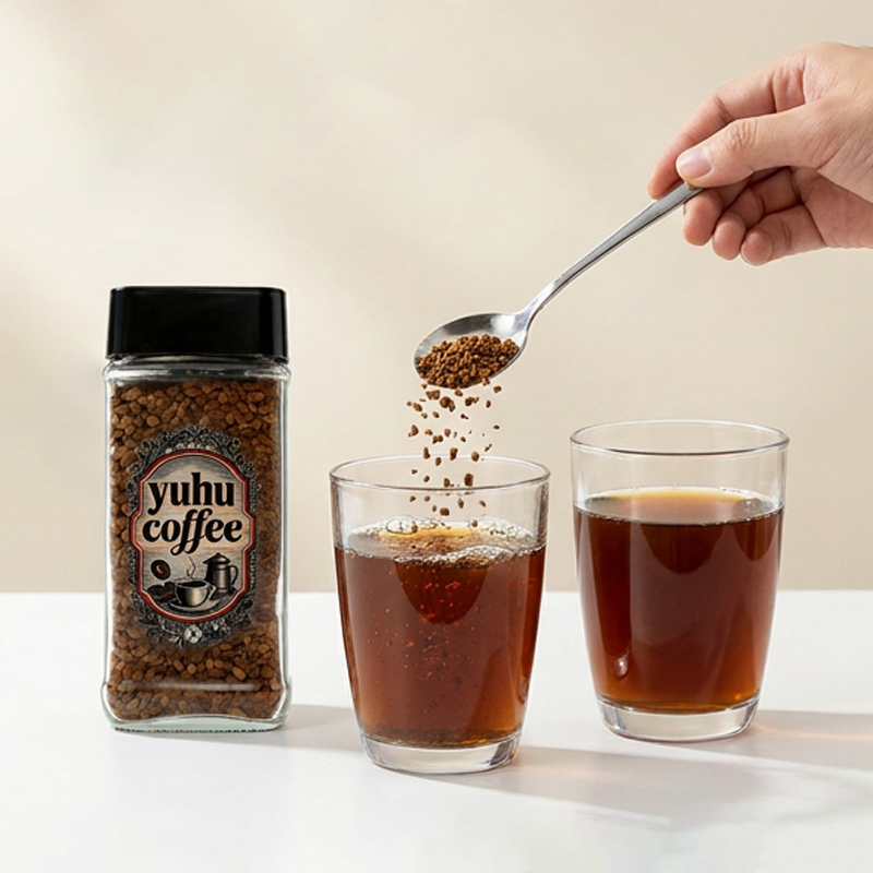 Yuhu Brand 100g Freeze-Dried Instant Coffee with Durable Square Glass Jar
