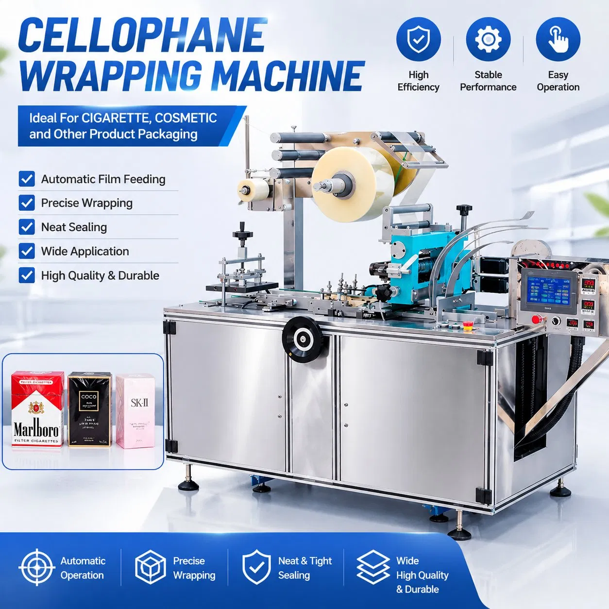 Fully Automatic Wrapping Packaging/ Packing Overwrap Cellophane Machine with Comestics, and Food Box
