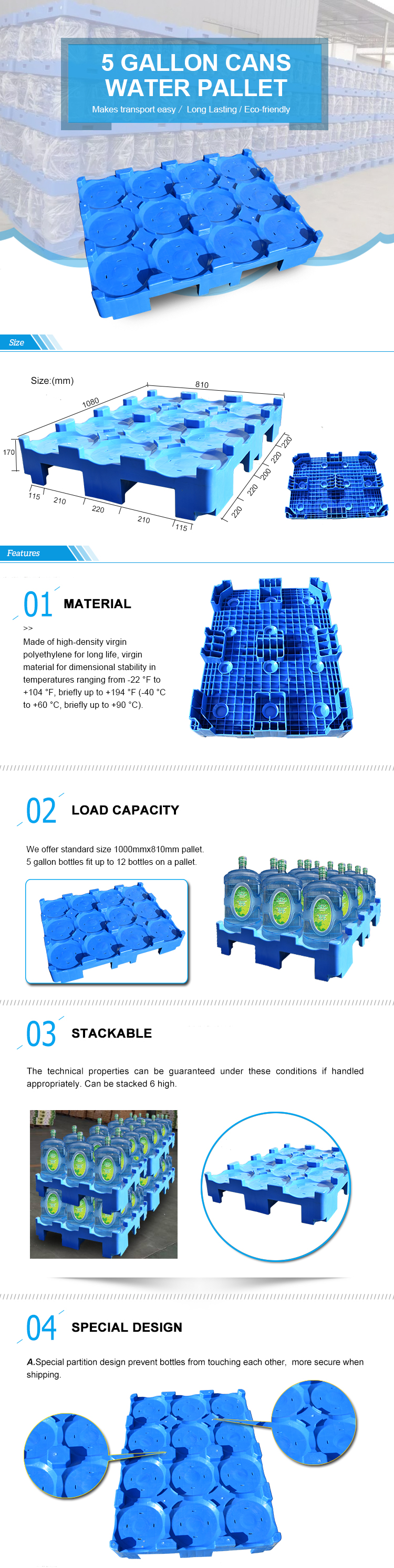 Plastic pallet for water dispensing bottles