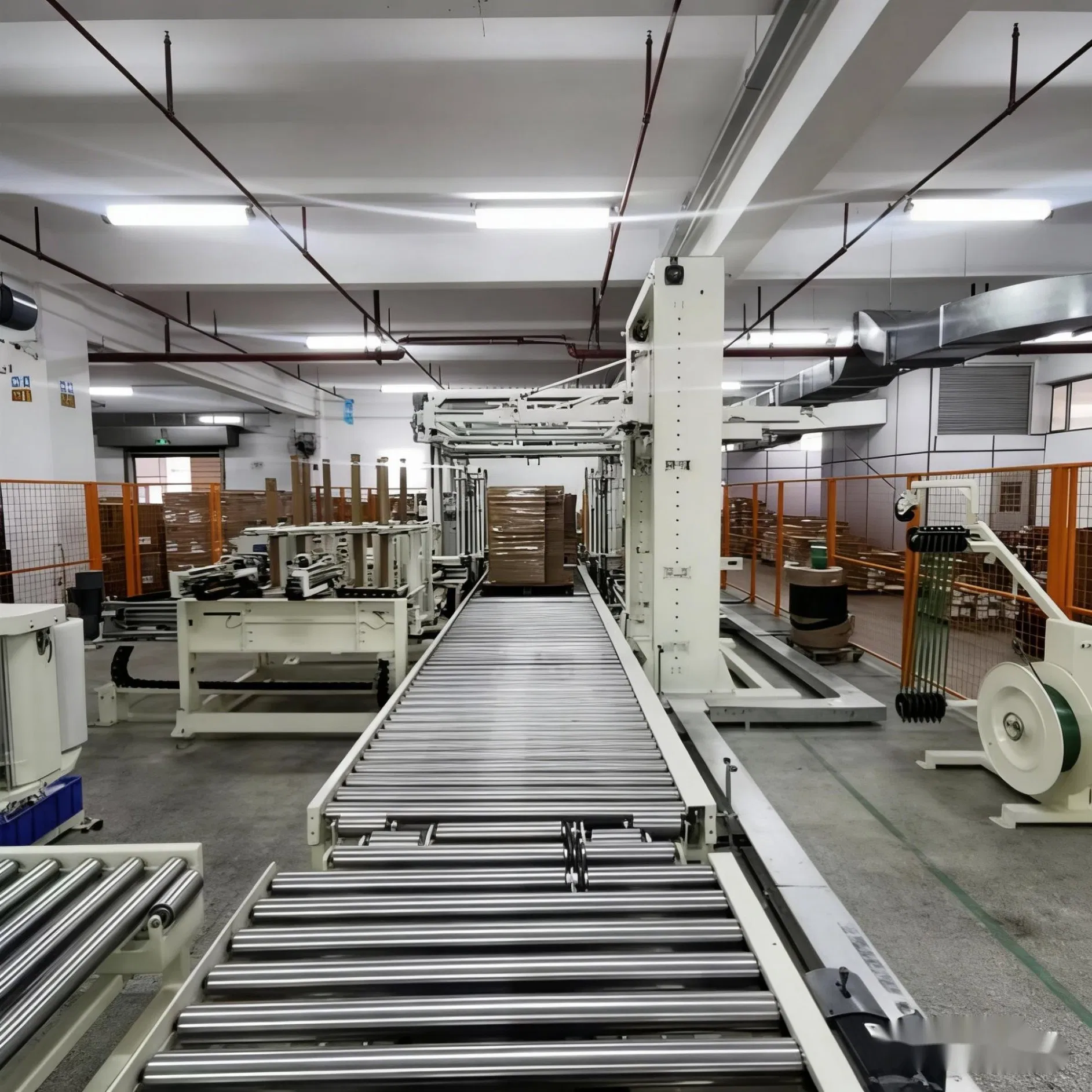 Horizontal Pass-Through Packaging Machine: Vertical Long Corner Protectors+Horizontal Strapping/Pallet Packing
