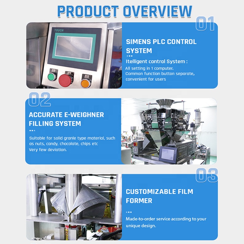Full Automatic VFFS Weighing Seal Pouch Bag Packaging Nuts Feed Banana Candy Snack Nitrogen Granule Potato Chips Packing Machine