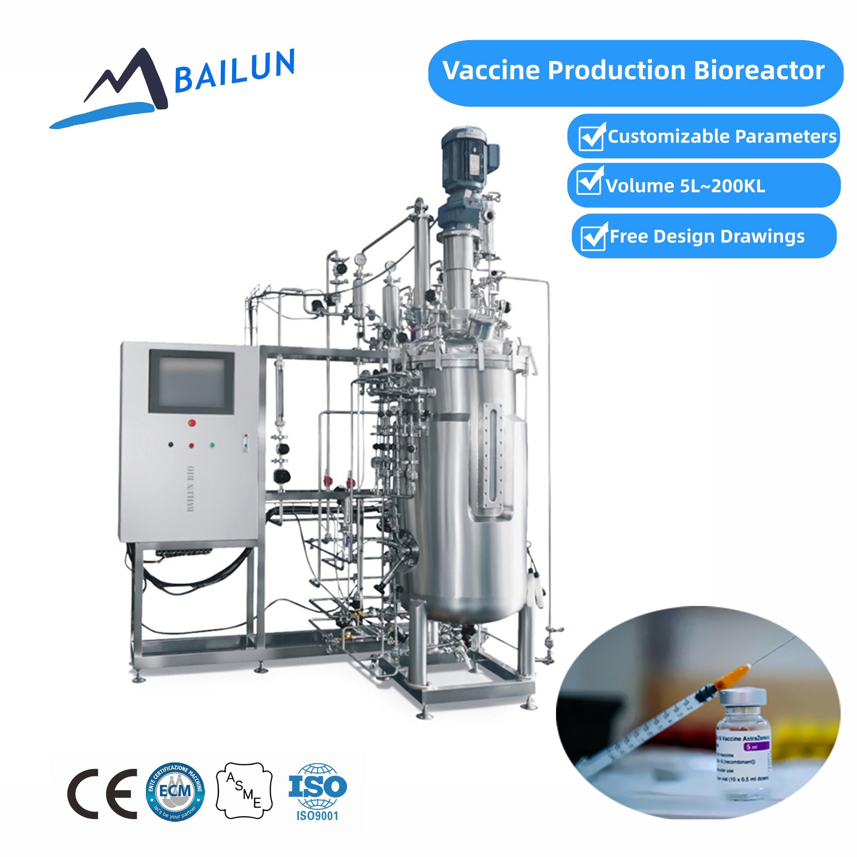 304/316L Stainless Steel Pharma Bioreactor Fermentation Tank Pressure Vessel Pump ASME Standard 20L-5000L Capacity PLC