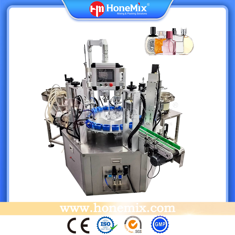 Honemix Fully Automatic Rotary Turntable Perfume Bottle Filling Sealing Process Perfume Fragrance Vacuum Filling Machine Glass Bottle Filler