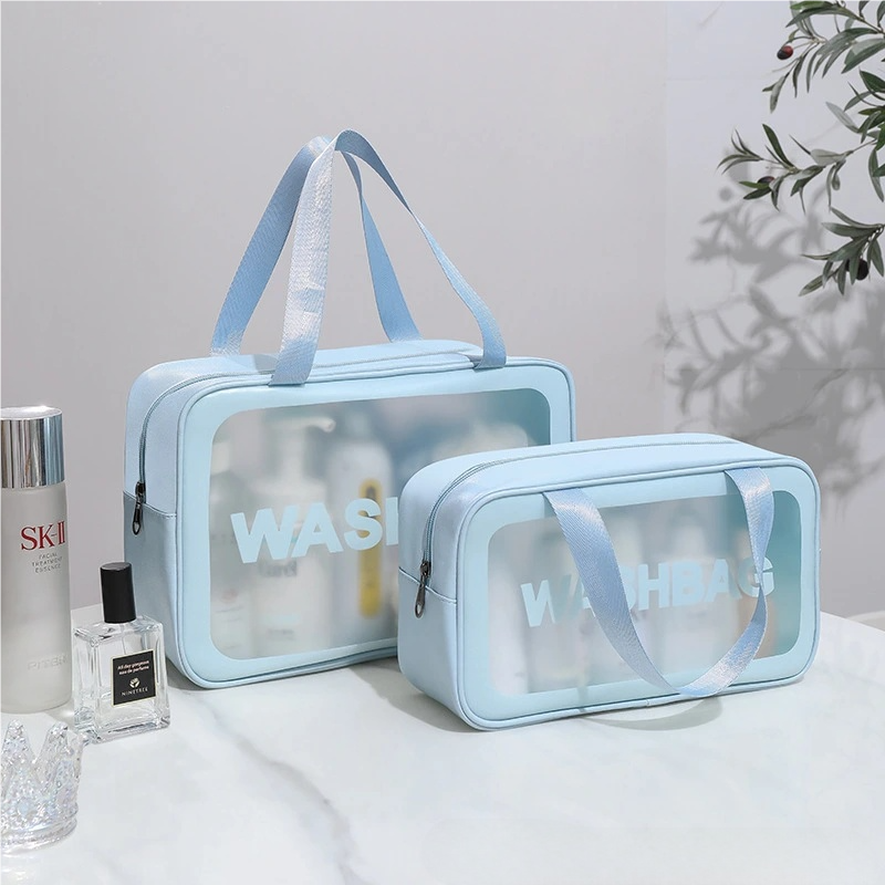 Custom Logo Clear PVC Cosmetic Bag Waterproof Portable Travel Toiletry Pouch Large Capacity Frosted Hanging Organizer