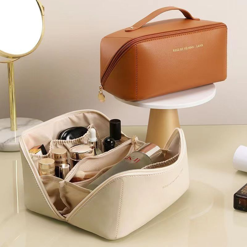 Custom Large Portable Makeup Bag - Travel Cosmetic Bag Opens Flat for Women &amp; Girls - Zipper Makeup Pouch