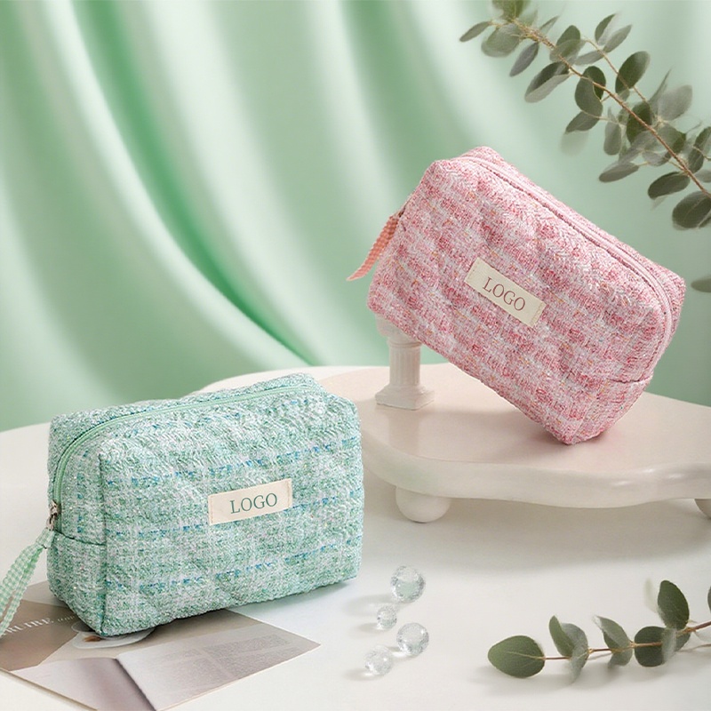Premium Small Clear Fabric Cosmetic Bag Woven Textured Cute Fashional Large Capacity Zipper Closure Handled Customizable Logo