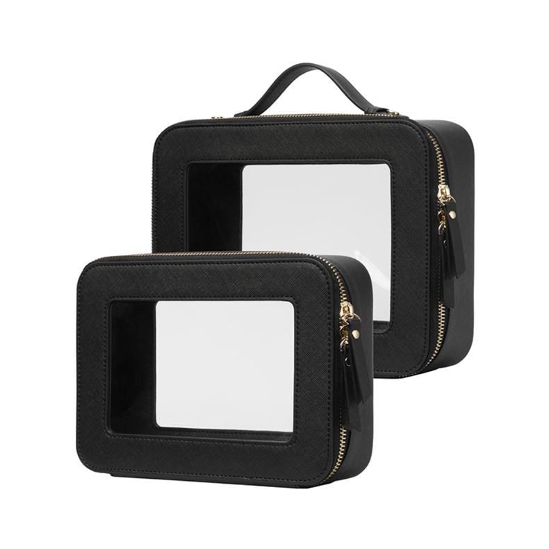 Wholesale Small Professional PU Leather Clear PVC Zipper Pouch Cases Large Reusable Toiletry Travel Cosmetic Makeup Bag Custom