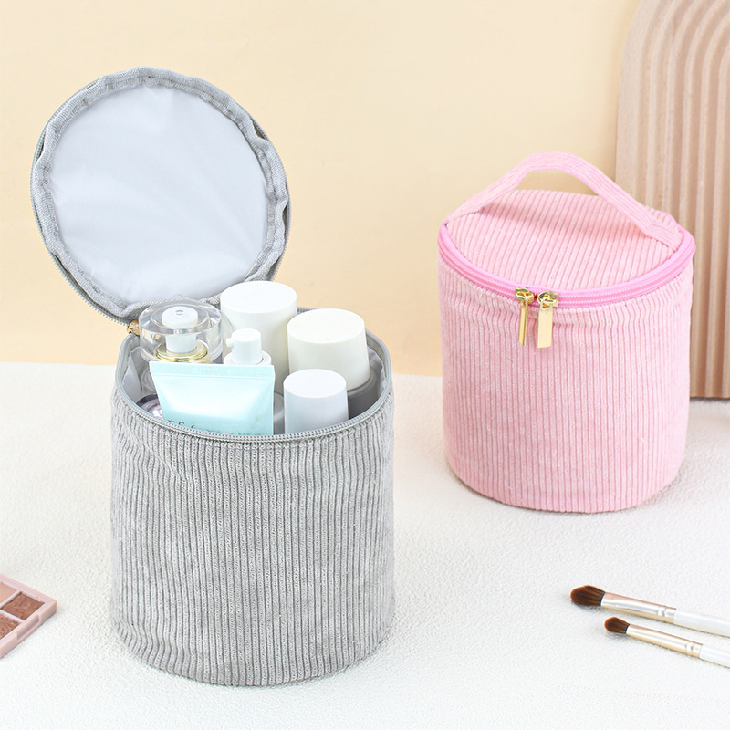 Promotional Cheap Price Women Beauty Accessories Storage Bag Zipper Closure Bucket Shape Corduroy Cosmetic Bag for Lady Makeup