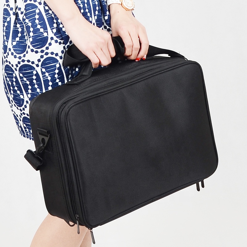 Professional Makeup Case with Strap Custom Portable Travel Bag Storage Box Waterproof Black 3-Layer Zipper Oxford Fabric