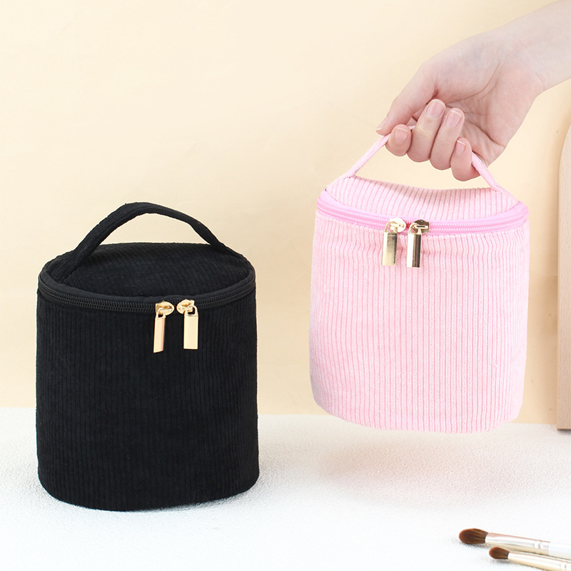 Promotional Cheap Price Women Beauty Accessories Storage Bag Zipper Closure Bucket Shape Corduroy Cosmetic Bag for Lady Makeup