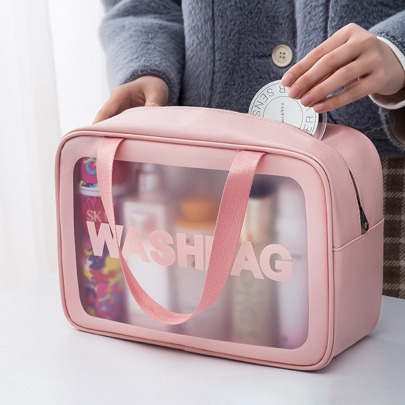 Custom Logo Clear PVC Cosmetic Bag Waterproof Portable Travel Toiletry Pouch Large Capacity Frosted Hanging Organizer