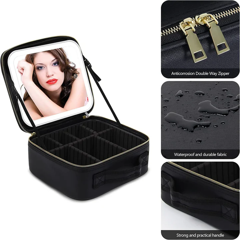 Lucky Case Women's Travel Makeup Organizer Pink Makeup Case with LED Lighting Mirror PU Cosmetic Bag for Beauty Kit Storage