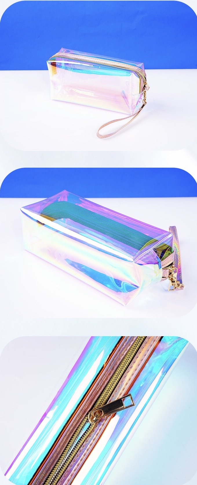 Personalized Oem Pvc Tpu Holographic Glitter Waterproof Zipper Makeup Pouch Professional Travel Cosmetic Toiletry Wash Bag