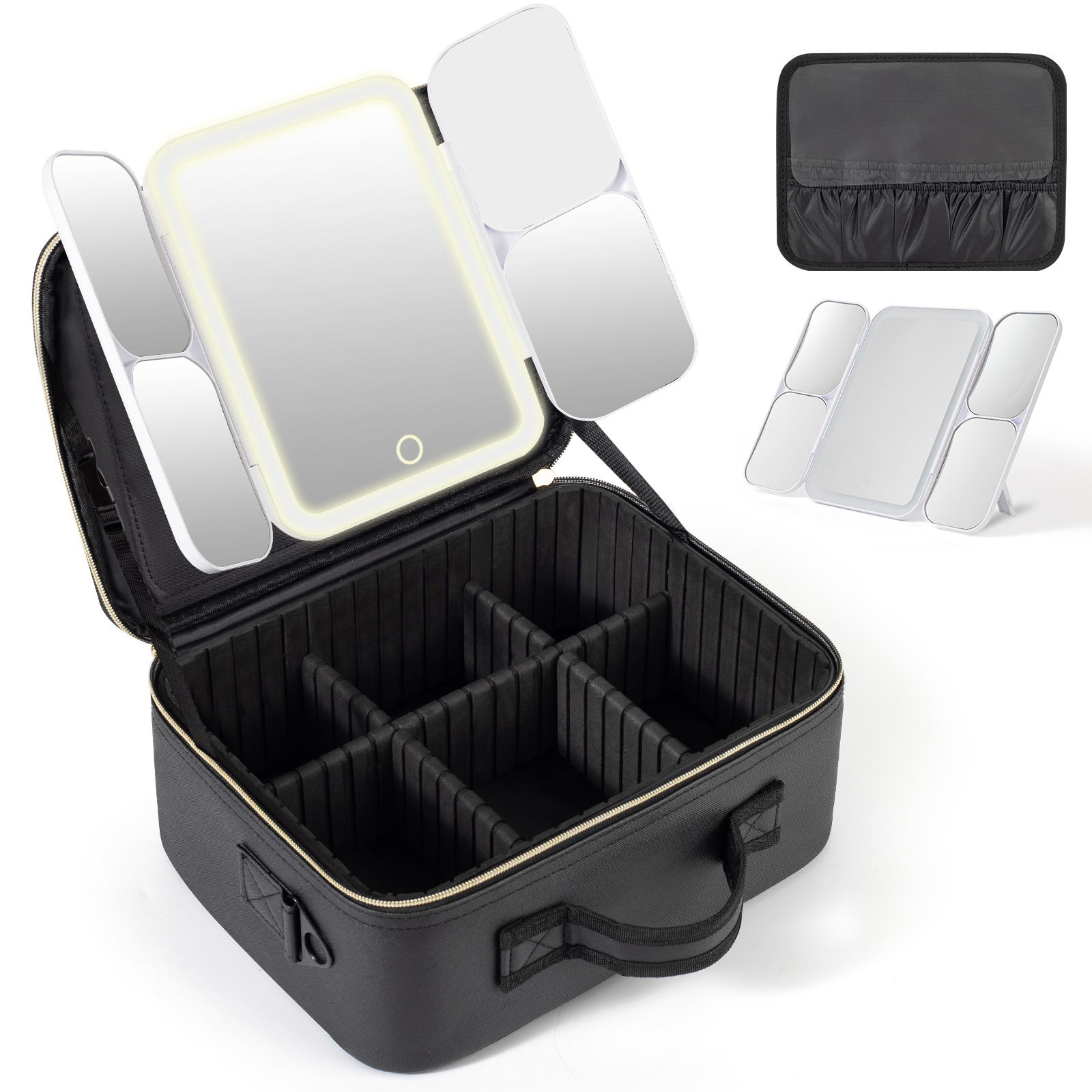 Professional Artist Barber Train Case Adjustable Compartment Lighted LED Zipper Closure Cosmetic Makeup Bag PU Waterproof Large