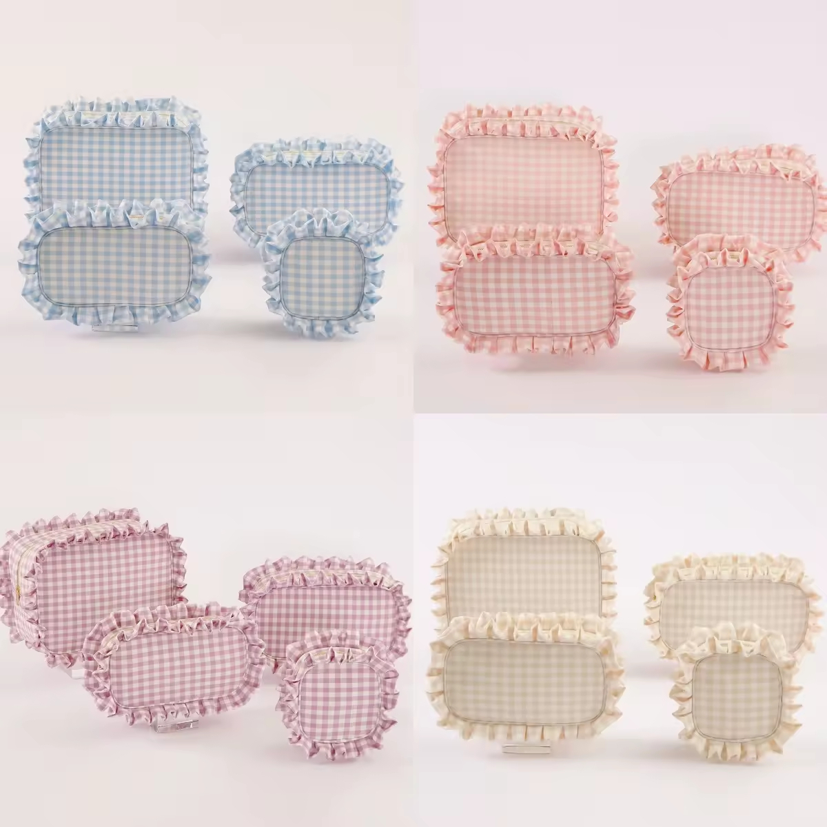 Cute Cotton Large Women Travel Zipper Pouch Toiletry Storage Organizer Wash Bag Gingham Cosmetic Bag Ruffle Makeup Pouch