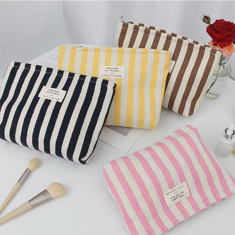 OEM Custom Stripe Portable Travel Cosmetics Wash Bag Stripes Large Toiletry Pouch Eco Cotton Canvas Cosmetic Make Up Bag