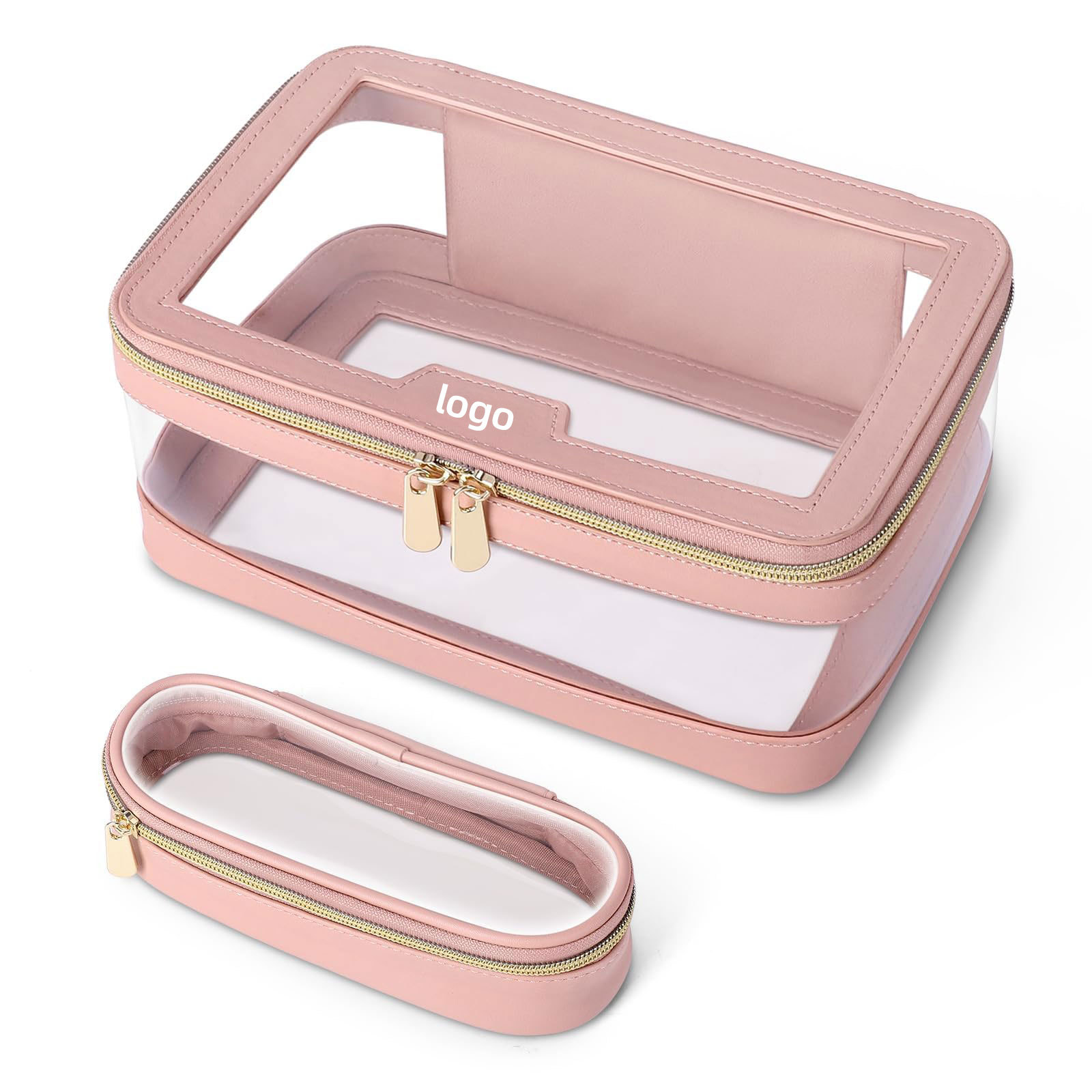 OEM Custom Logo Small for Toiletry Makeup Pouch Transparent Clear PVC Leather Material with Fashion Zipper Closure