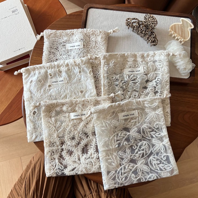 Lace Jacquard Cotton Makeup Bag Jewelry Storage Vintage Organizer Gift Bohemian Apricot Embroidered Drawstring Pouch