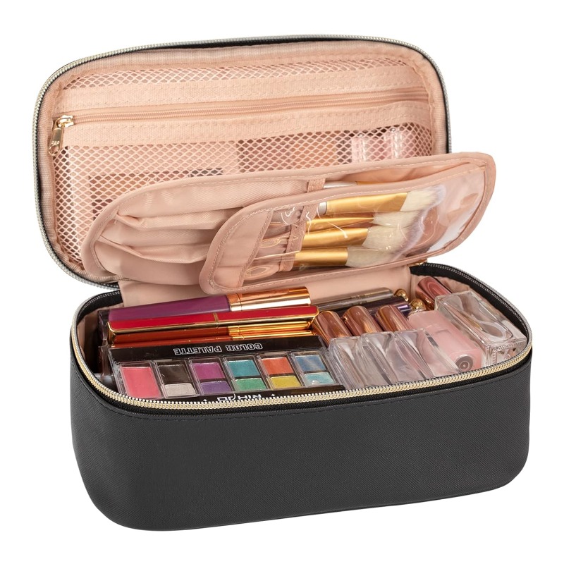 Portable Cute Travel Makeup Bag for Women and Girls Makeup Brush Organizer Cosmetics Pouch Bags-Black