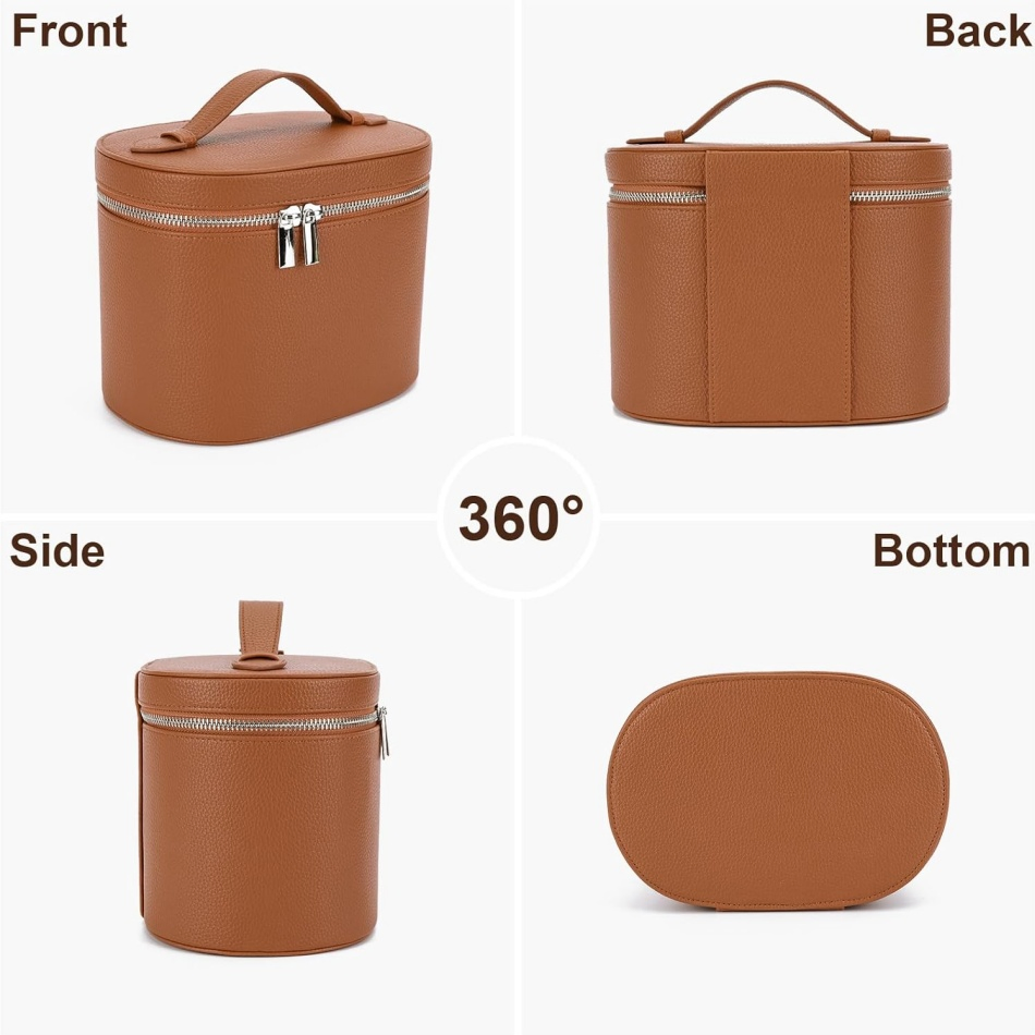 Brown Faux Leather Makeup Vanity Case Travel Toiletry Cosmetic Organizer Bag for Women