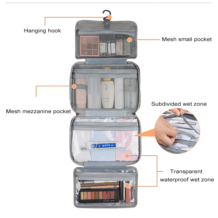 Dry and Wet Separation Makeup Toiletry Bag 4 Folding Travel Cosmetic Bag Organizer Hanging Travel Cosmetic Bag for Full-Size Kit