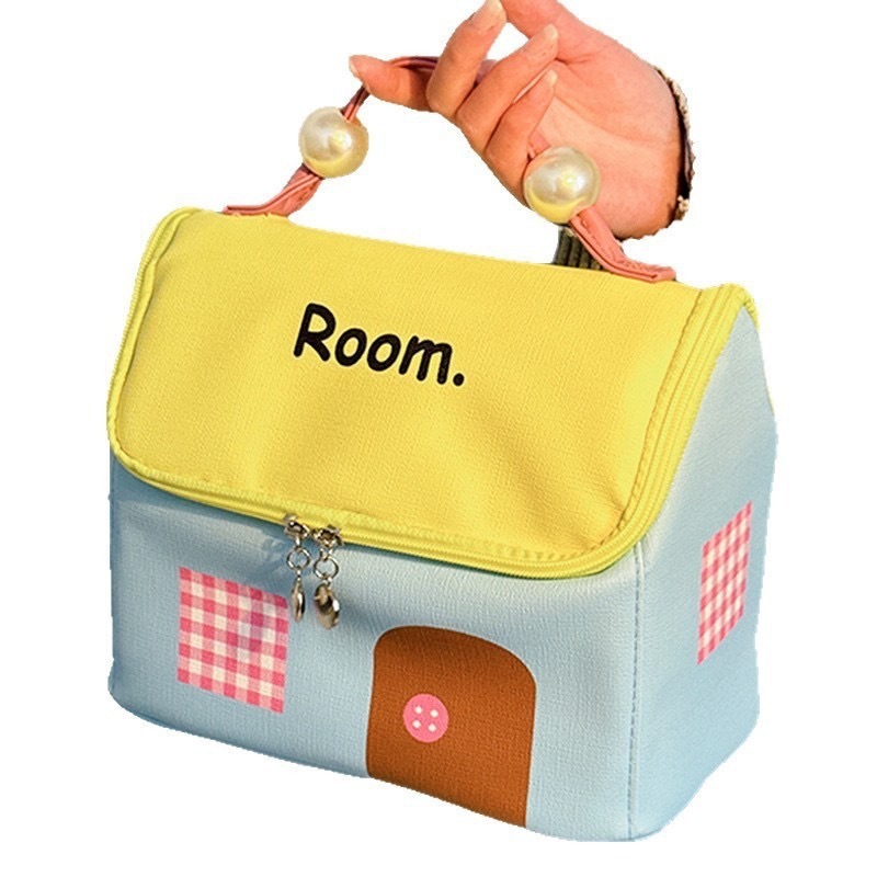 Small House Shaped Canvas Zipper Partitioned Storage Large Capacity Cartoon Design Portable Organizer Cosmetic Bag