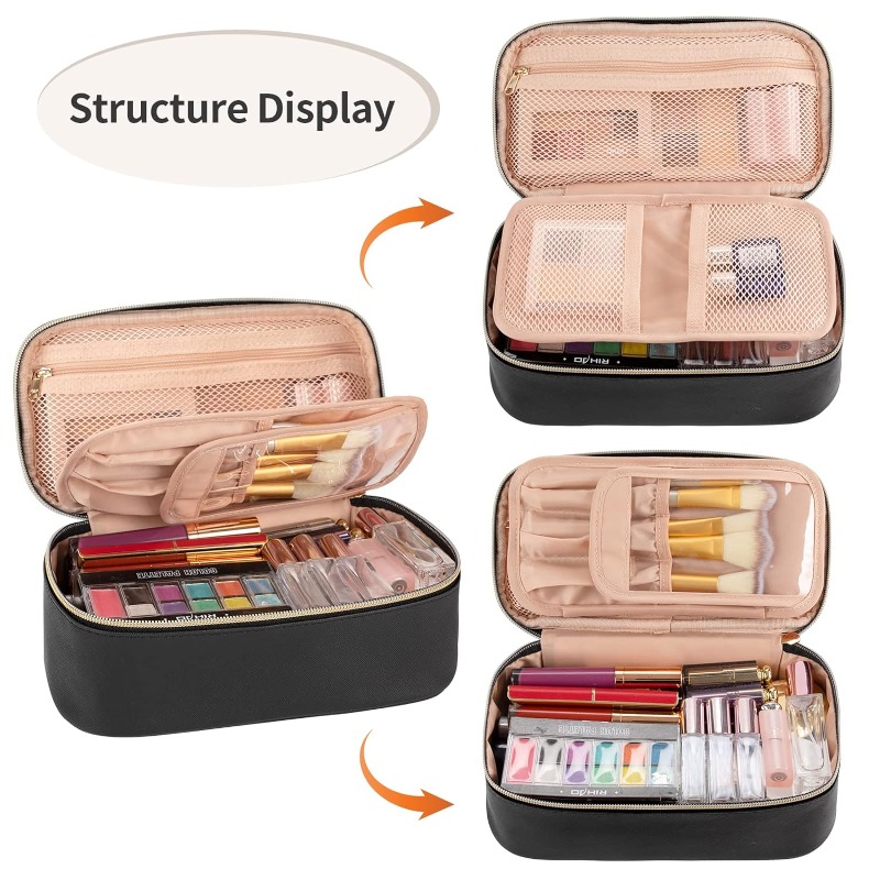 Portable Cute Travel Makeup Bag for Women and Girls Makeup Brush Organizer Cosmetics Pouch Bags-Black