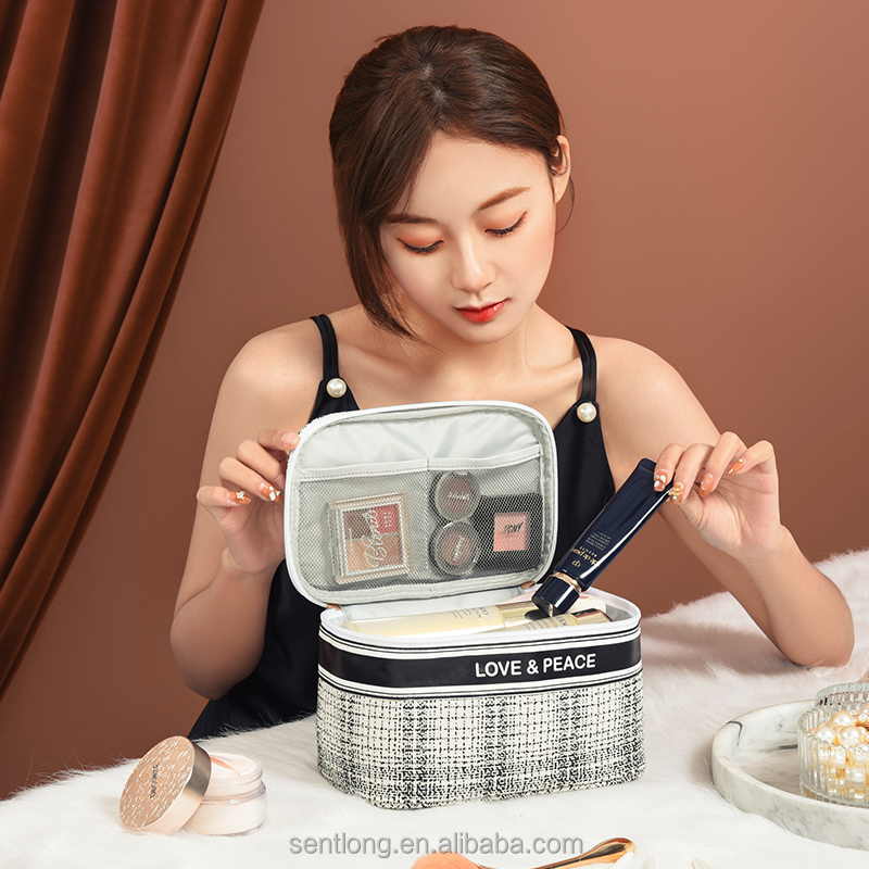 Wholesale Luxury Shiny Rose Gold Cosmetic Bag Double Layers Toiletry Bag Multi-Functional Makeup Bag with Compartment